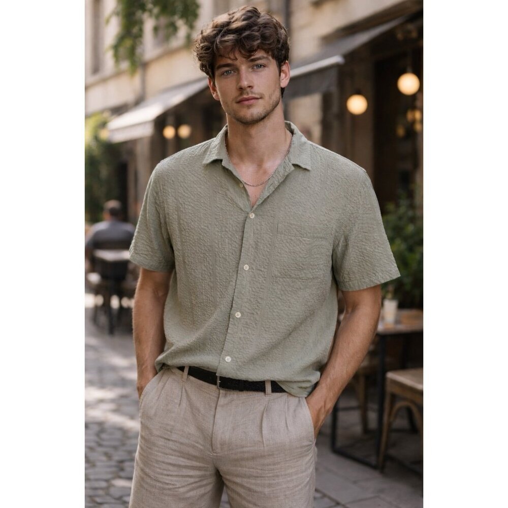 Common People Mens Camp Shirt Sz Large Sage Green Cotton Seersucker Minimalist